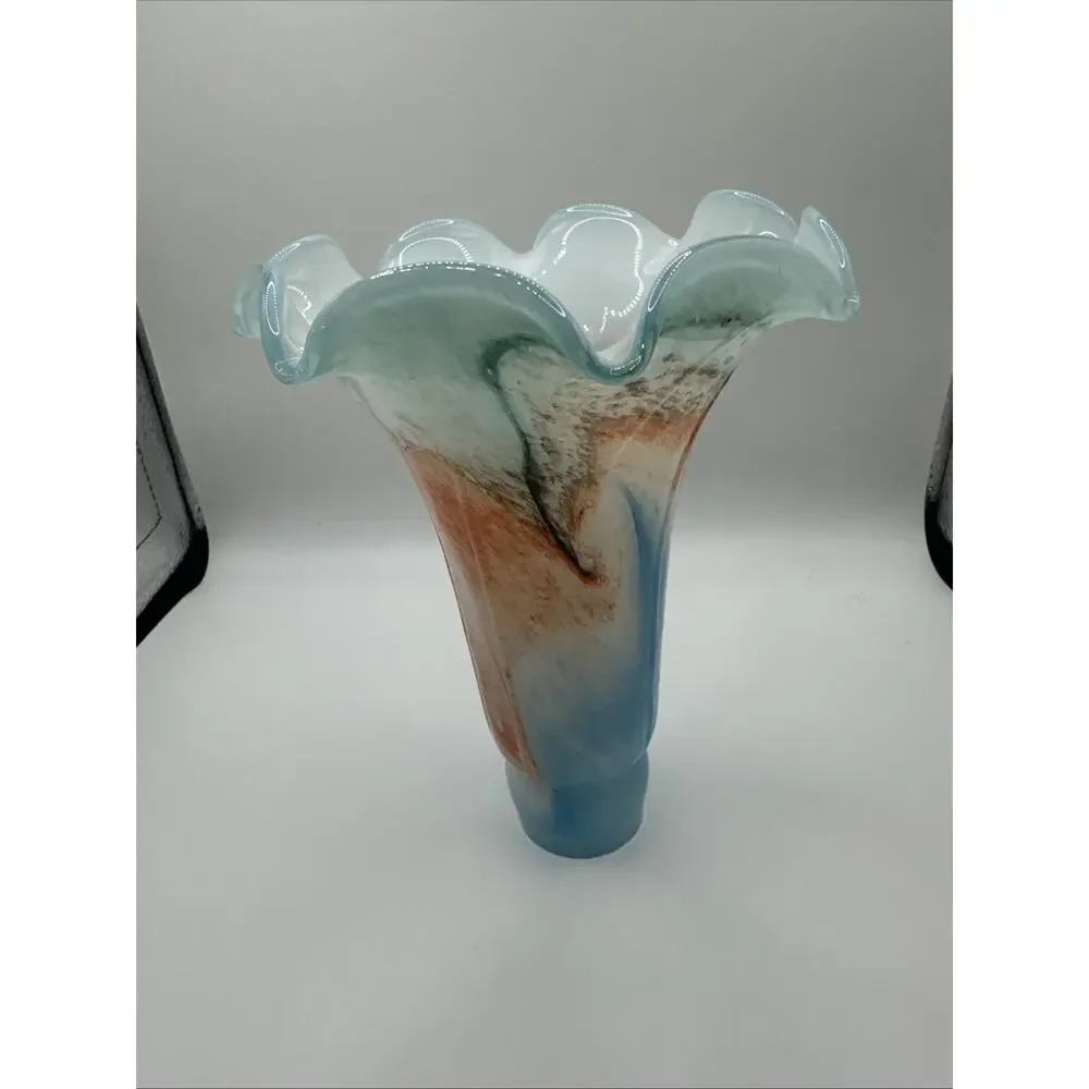 Hand Blown Murano Style Blue & Orange Ruffled Marbled Art Glass Statementpiece